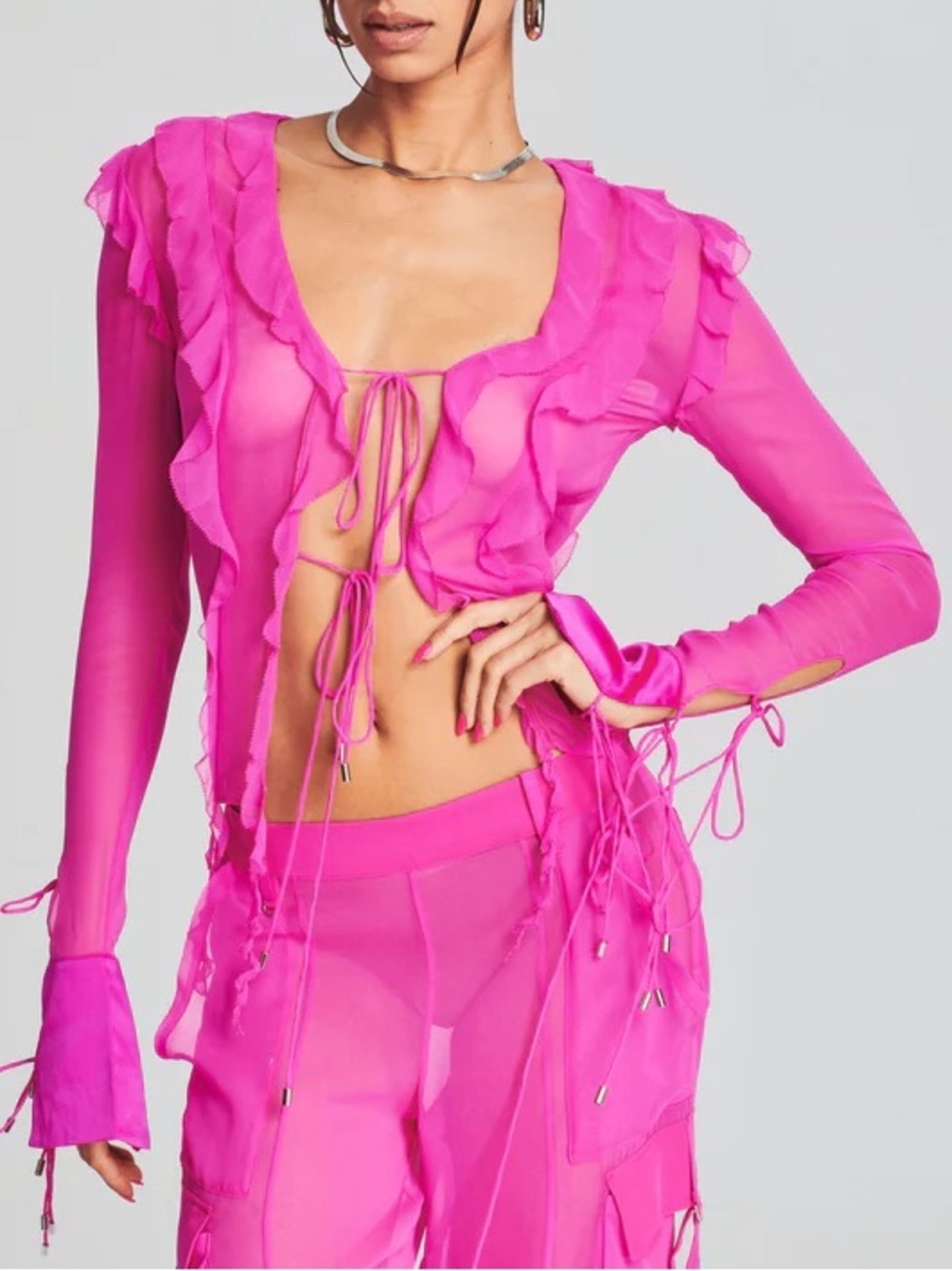 Retrofete Aviva Silk Chiffon Ruffle Open Tie Blouse Top Neon Pink Hot Fuschia